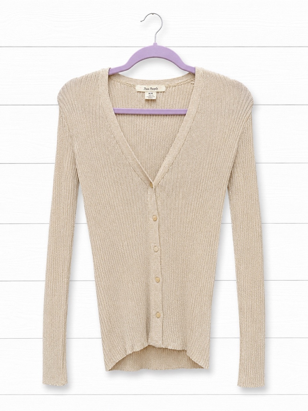 Free People Beige Ribbed V-Neck Button Cardigan